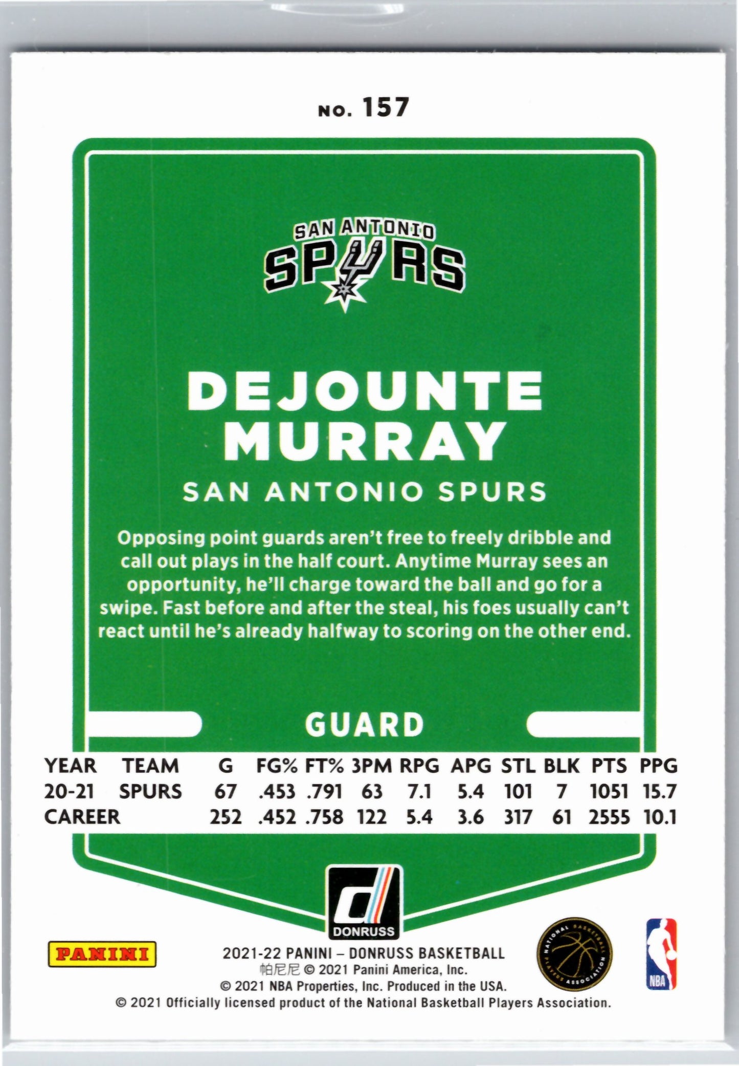 2021-22 Donruss #157 Dejounte Murray Holo Green and Yellow Laser