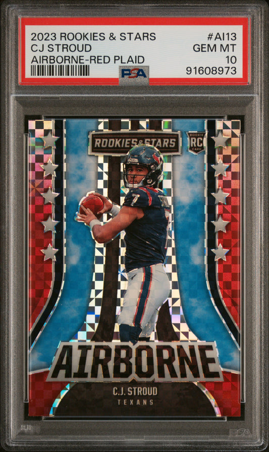 2023 Panini Rookies & Stars Airborne #AI13 Cj Stroud Airborne-Red Plaid PSA 10