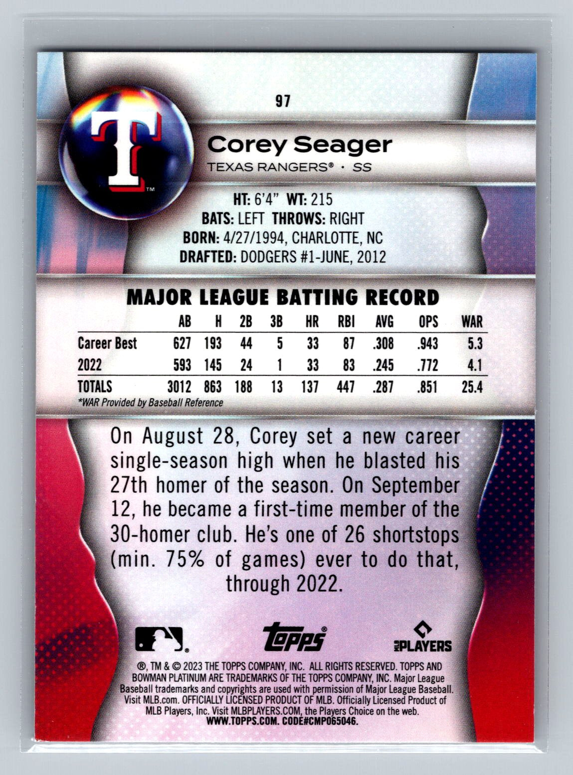 2023 Bowman Platinum #97 Corey Seager